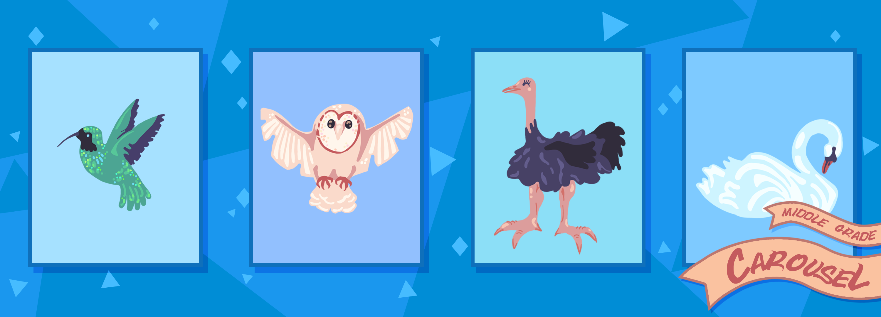 Bookmark for September 2023 features illustrations of birds, including a green hummingbird, a barn owl, an ostrich, and a mute swan.