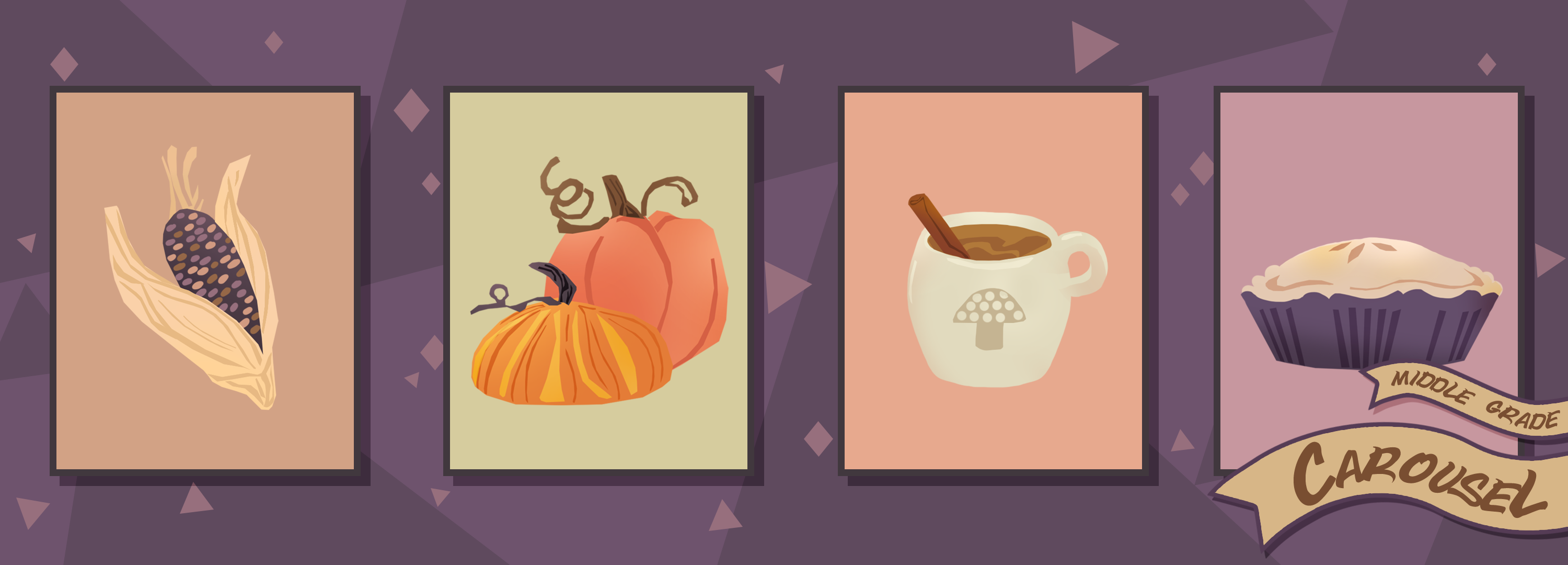 Bookmark for October 2023 features fall-themed illustrations, including a cob of colorful maize, a pair of pumpkins, a mug of cider with cinnamon stir stick, and a pie with slits in its top crust.