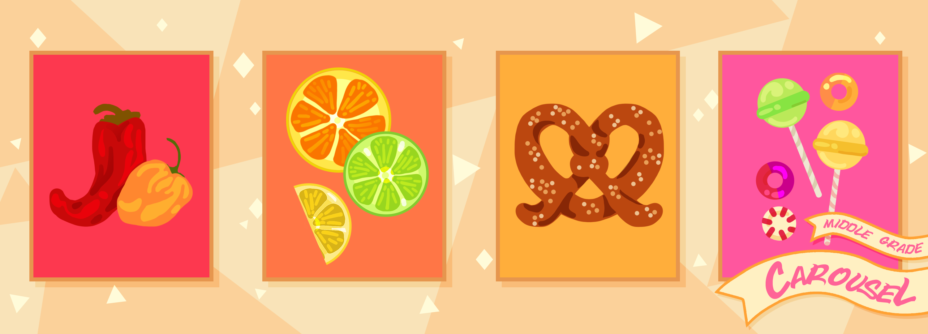 Bookmark for November 2023 features flavorful illustrations, including spicy chiles, sour citrus fruits, a salty pretzel, and sweet candies.