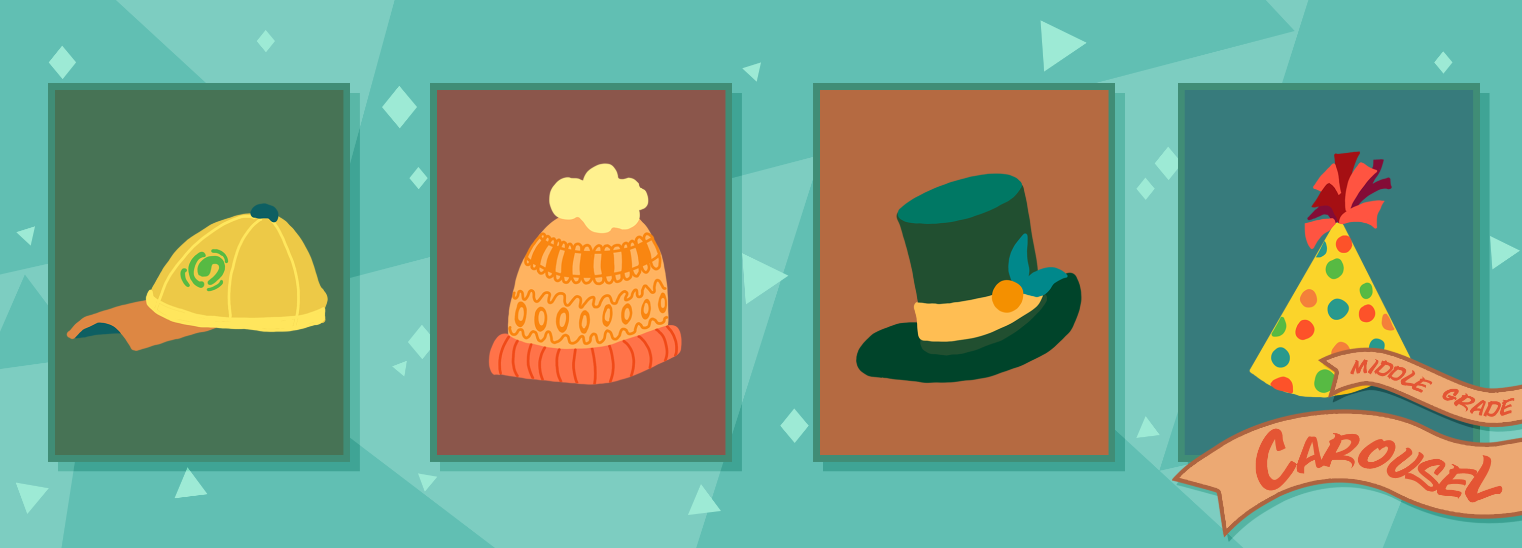 Bookmark for January 2024 features illustrations of hats, including a yellow baseball cap, an orange knit beanie, a black top hat, and a spotted party hat.