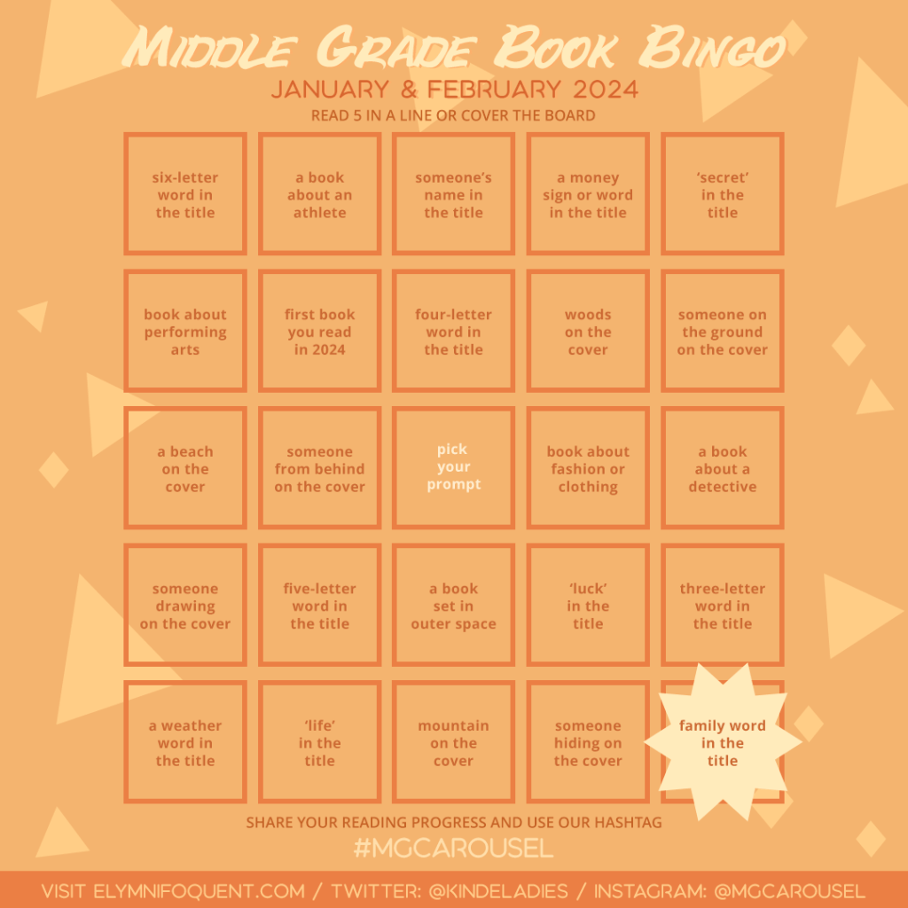 Middle Grade Book Bingo card highlighting Square E5: family word in the title.