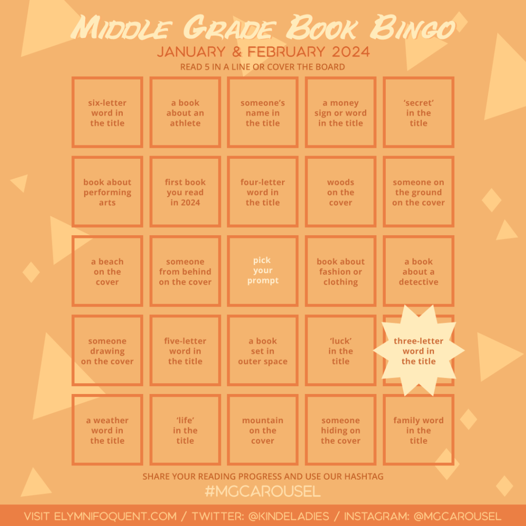 Middle Grade Book Bingo card highlighting Square D5: three-letter word in the title.