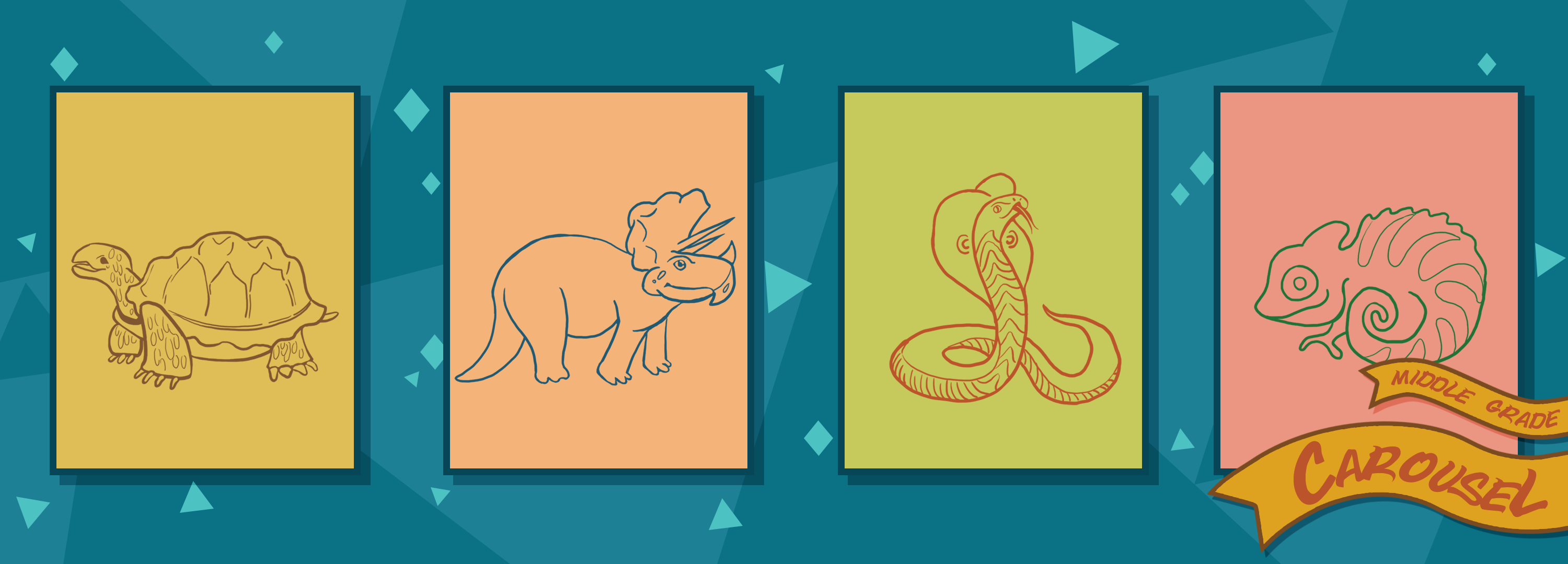 Bookmark for May 2024 features illustrations of reptiles, including a tortoise, a triceratops, a cobra, and a chameleon.