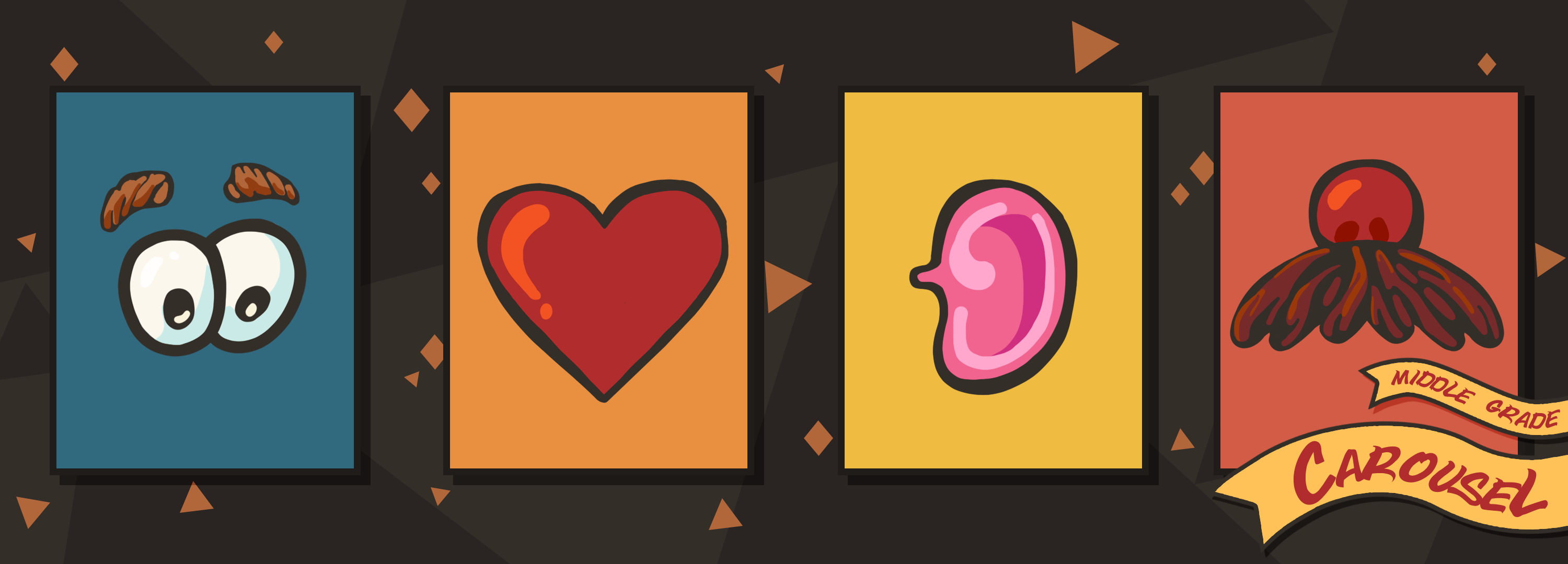 Bookmark for August 2024 features body-themed illustrations, including cartoony eyeballs, a heart, an ear, and a mustache.