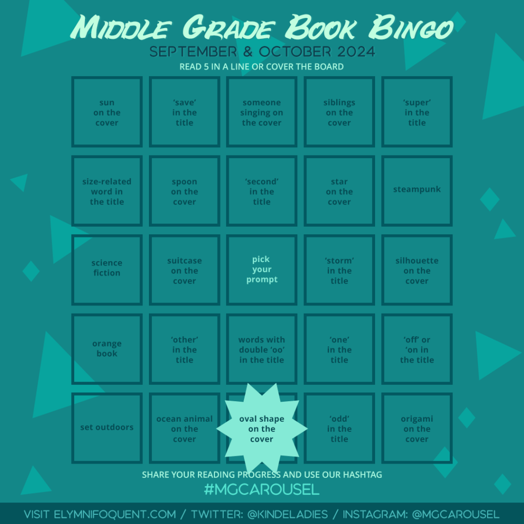 Middle Grade Book Bingo card highlighting Square E3: oval shape on the cover