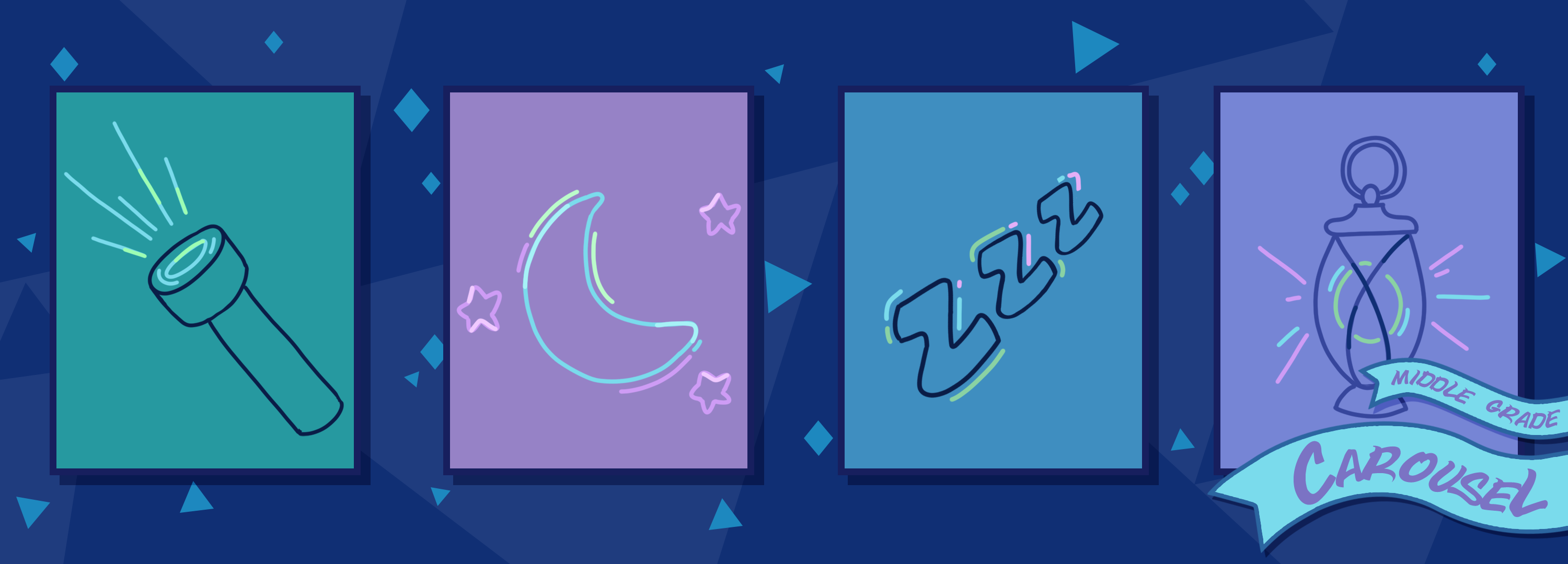 Bookmark for October 2024 features nighttime themed illustrations including a flashlight, a crescent moon and stars, a sleeping 'zzz' sound effect, and a lantern.