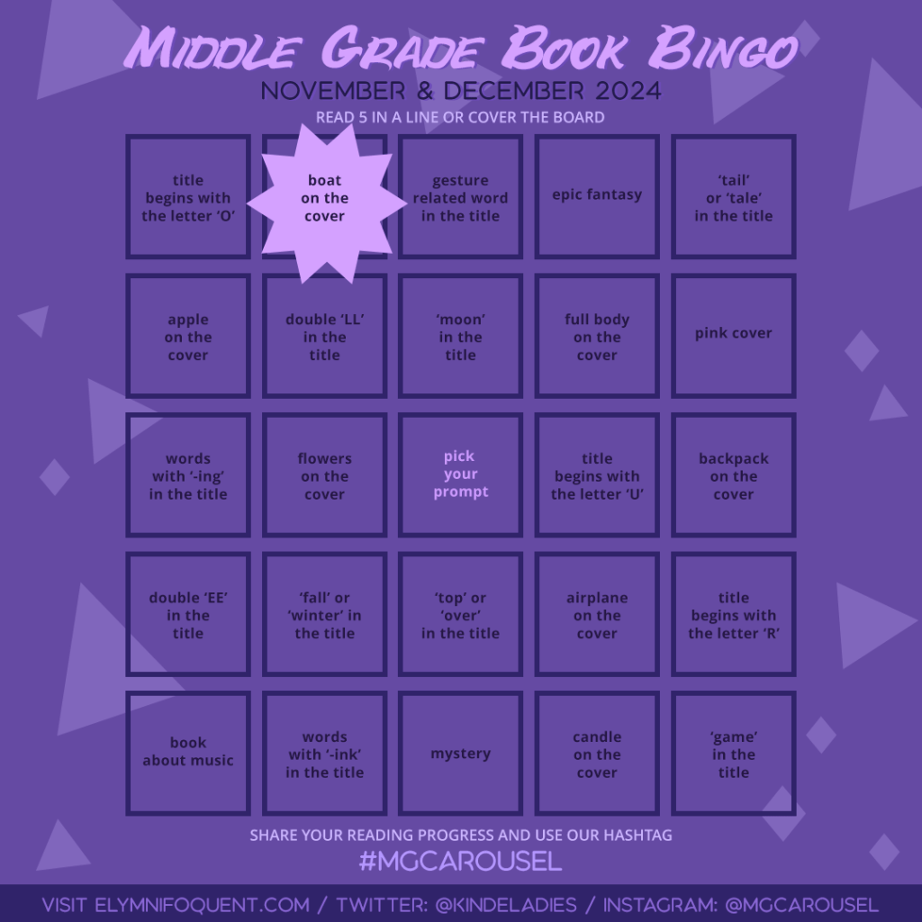 Middle Grade Book Bingo card highlighting Square A2: boat on the cover.