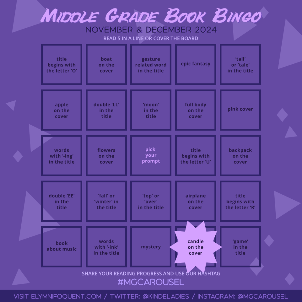 Middle Grade Book Bingo card highlighting Square E4: candle on the cover.