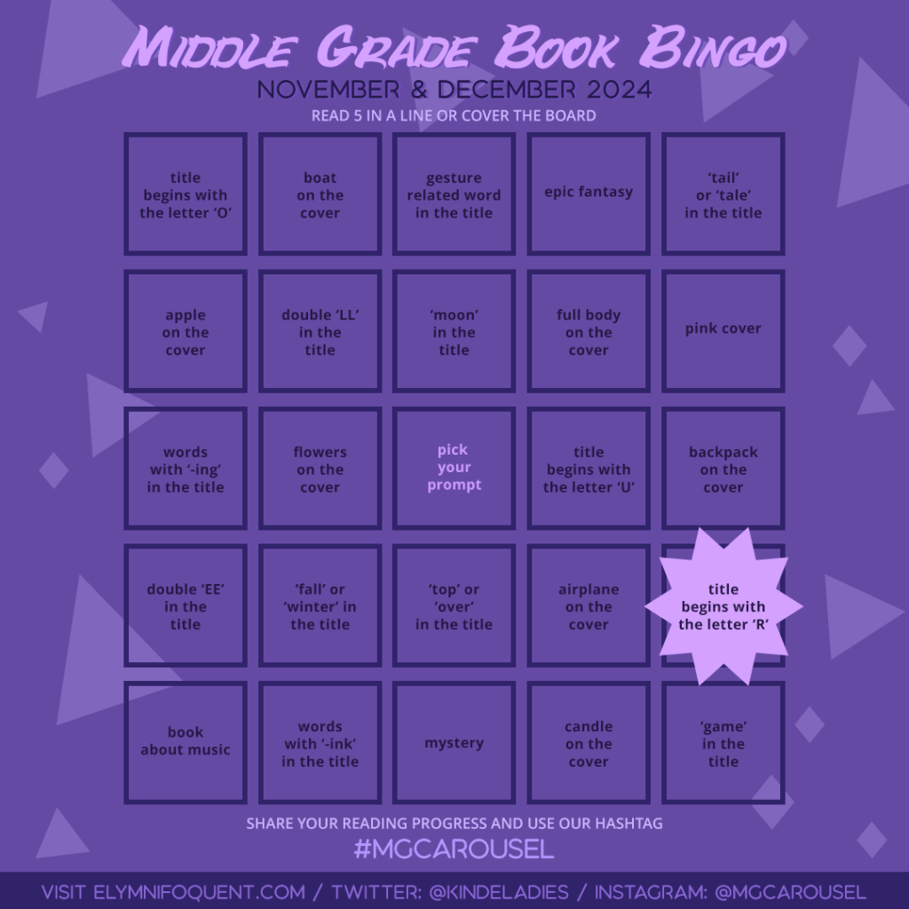 Middle Grade Book Bingo card highlighting Square D5: title begins with the letter 'R'