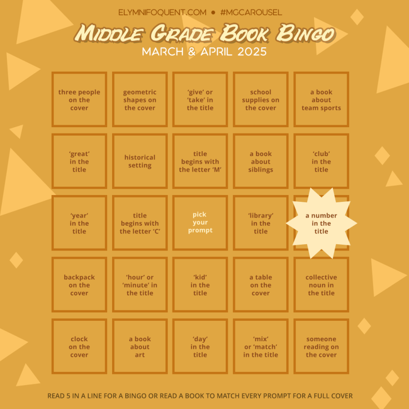 Middle Grade Book Bingo card highlighting Square C5: a number in the title.