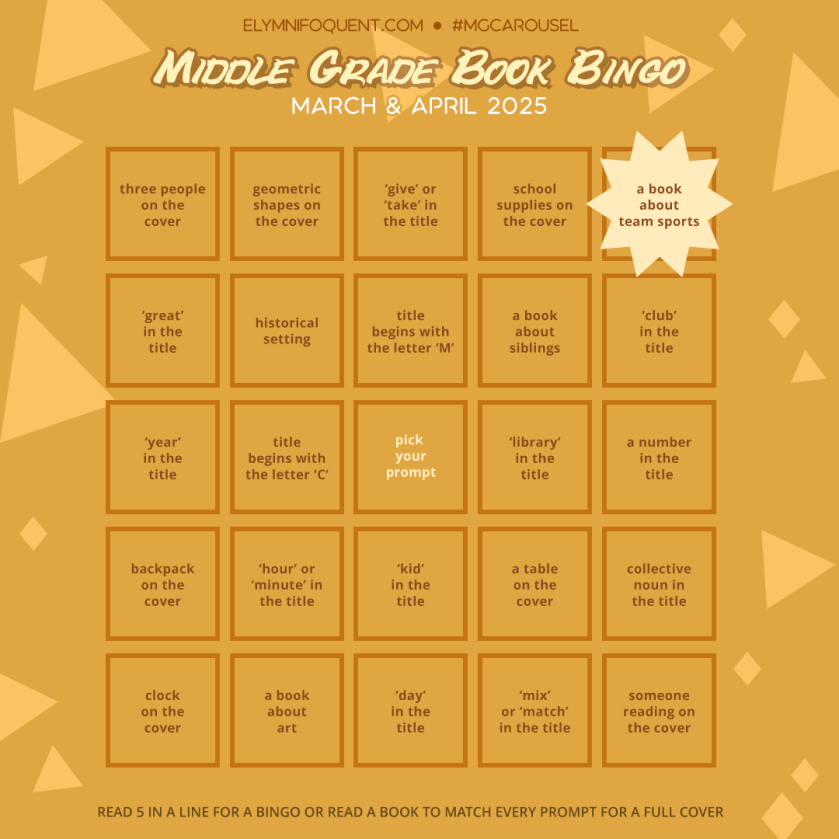 Middle Grade Book Bingo card highlighting Square A5: a book about team sports.
