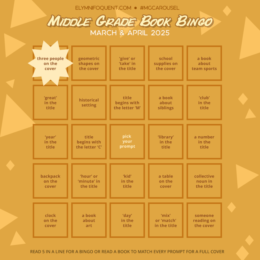 Middle Grade Book Bingo card highlighting Square A1: three people on the cover.